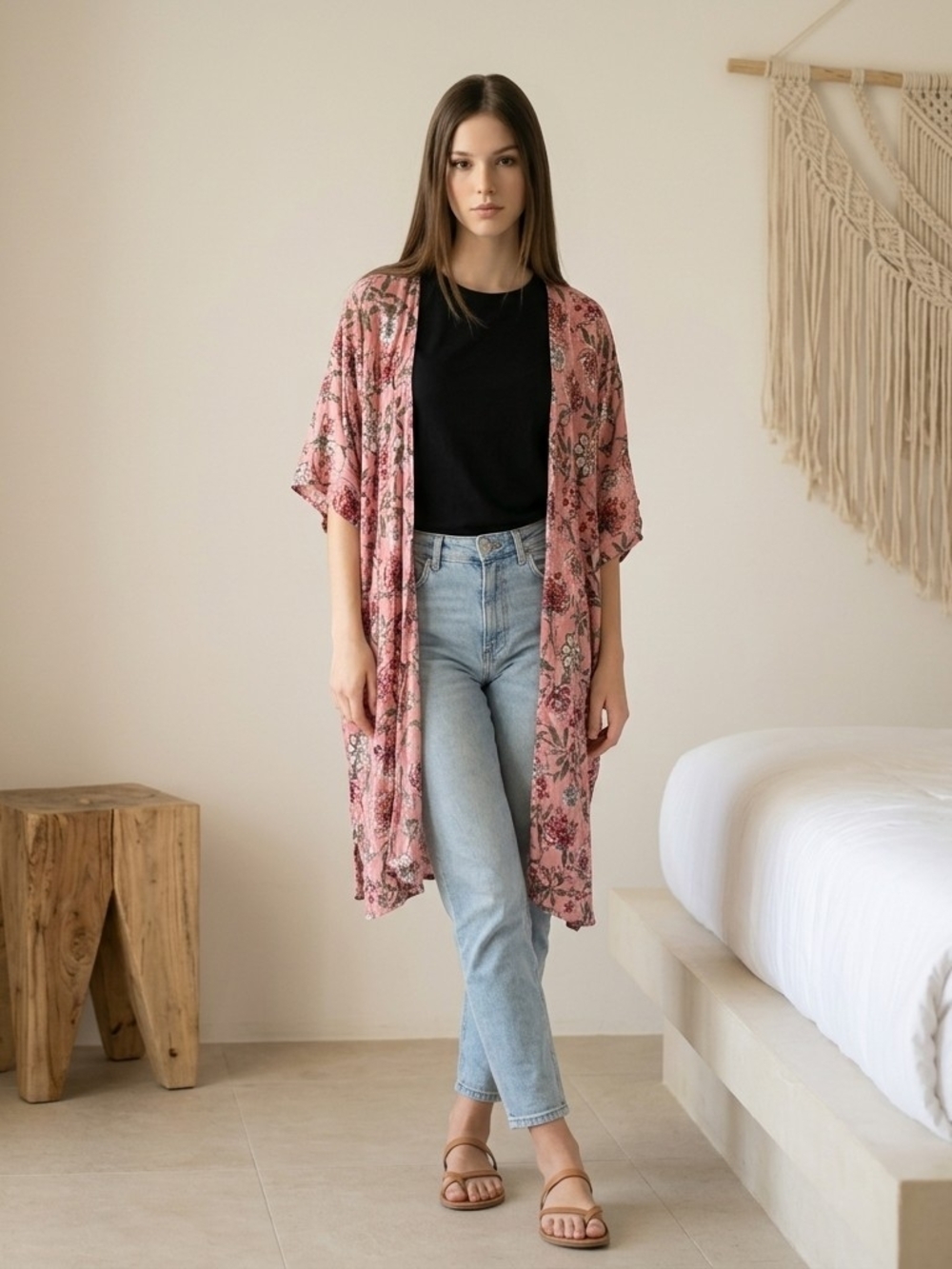 Angie Open Front Floral Pink Kimono / Robe Duster NWT